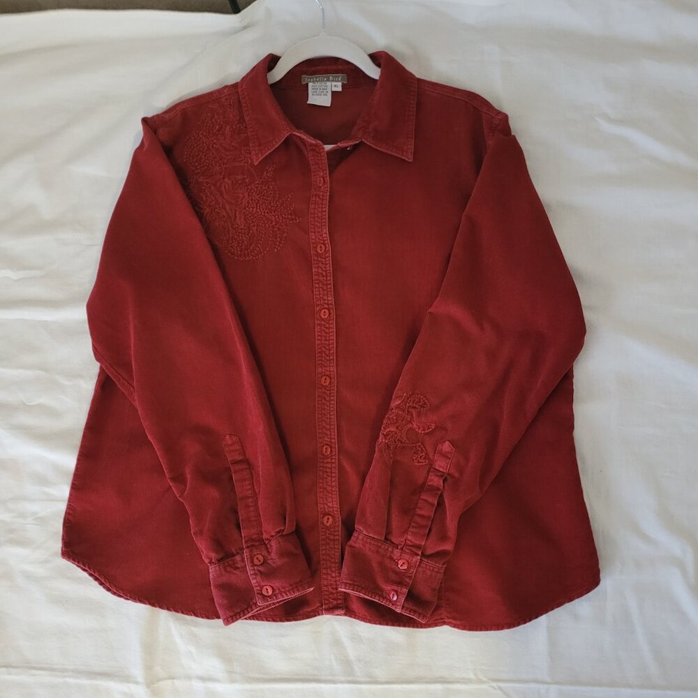 Red Embroidered Corduroy Button Shirt  Isabella Bird  Womens Size XL - Picture 9 of 15
